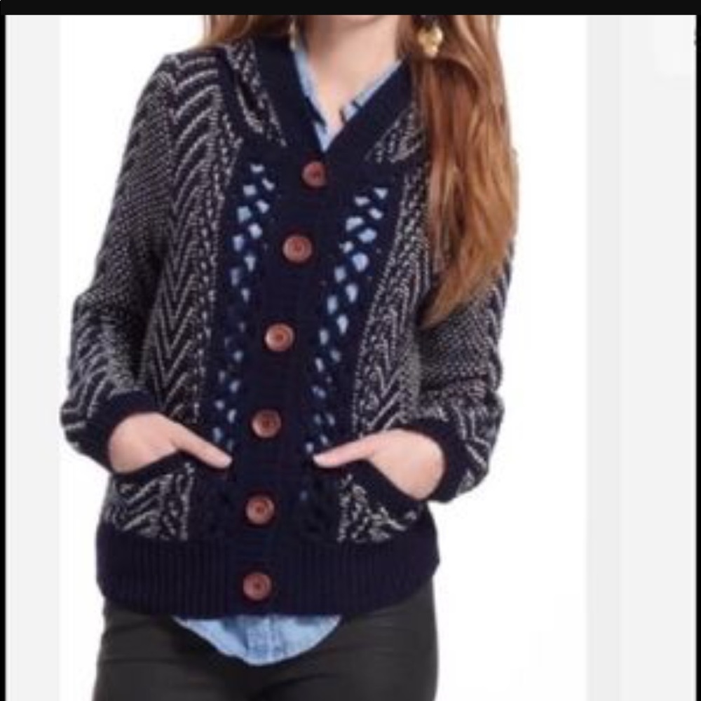 Anthropologie Navy and White Patterned Cardigan